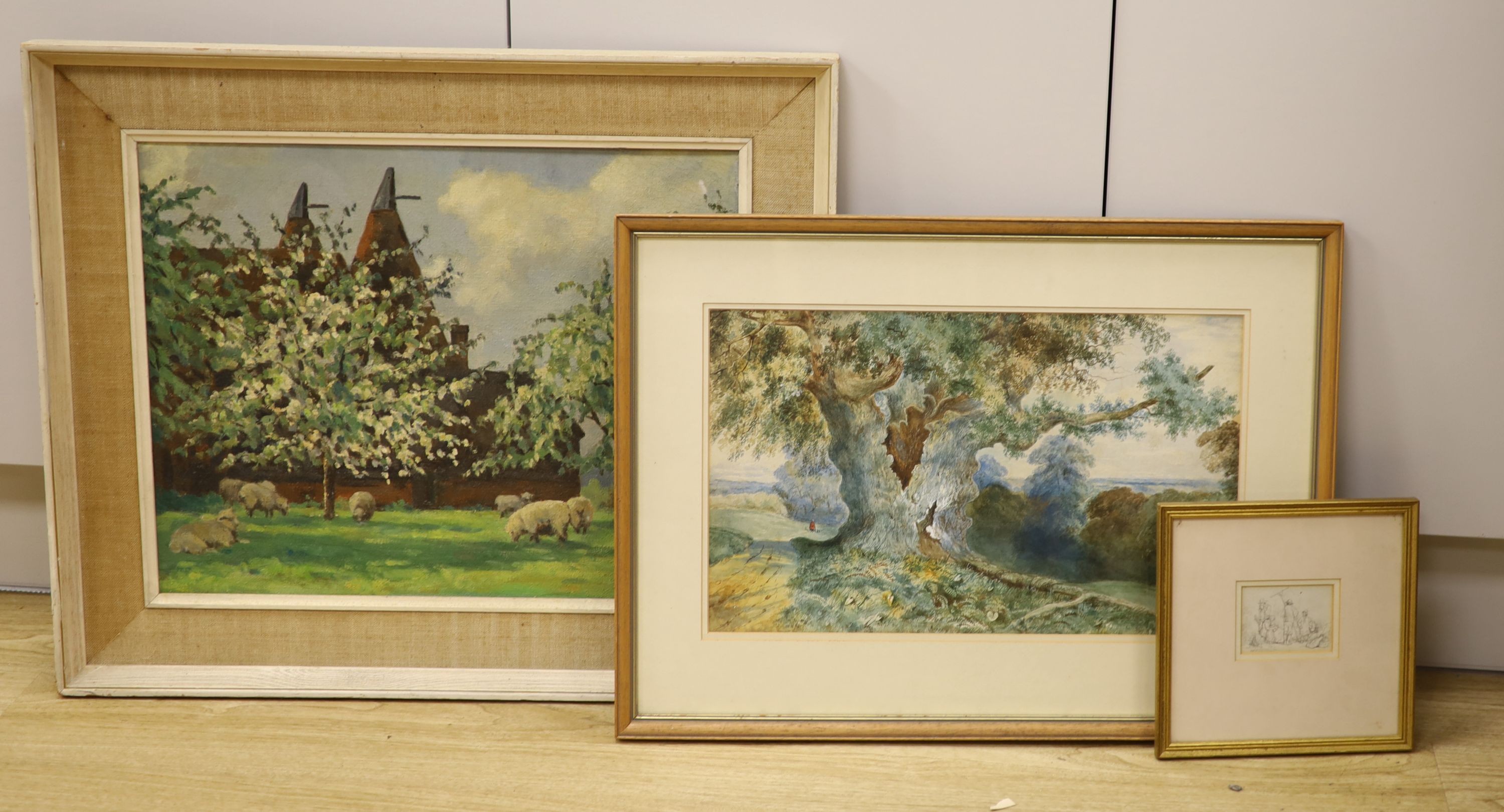 Murrell A. Burt, oil on board, 'Cherry Orchard, Hawkswell Farm, near Pembury, Kent', signed, 40 x 50cm, with a 19th century watercolour of The Wilberforce Oak and a small sketch of harvesters